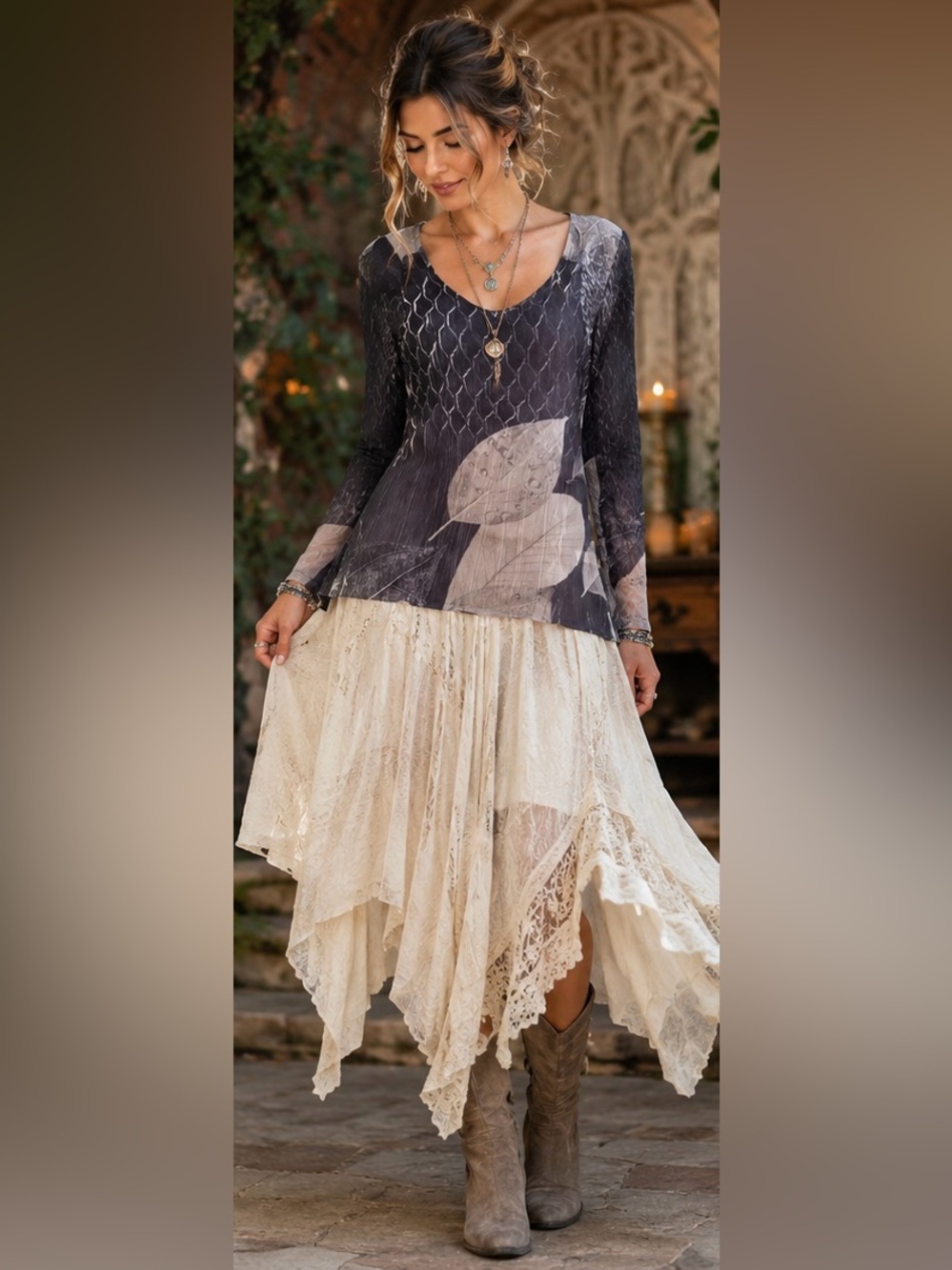 Komarov Crinkle Mesh Whimsical Fairy Ruffle Hem Leaf Art Wear Romantic Boho Top